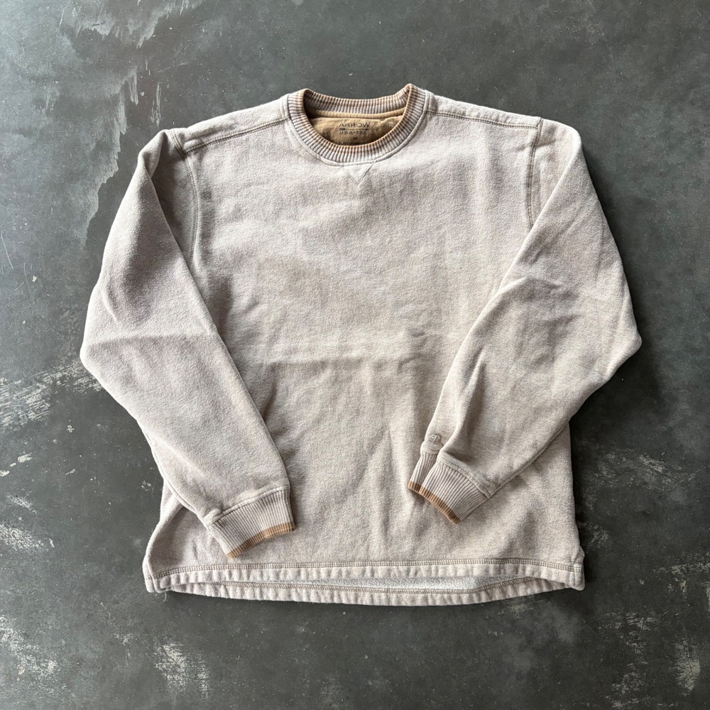 Arrow USA 1851 Mens Crewneck Sweatshirt Tan Beige Ribbed Trim Medium